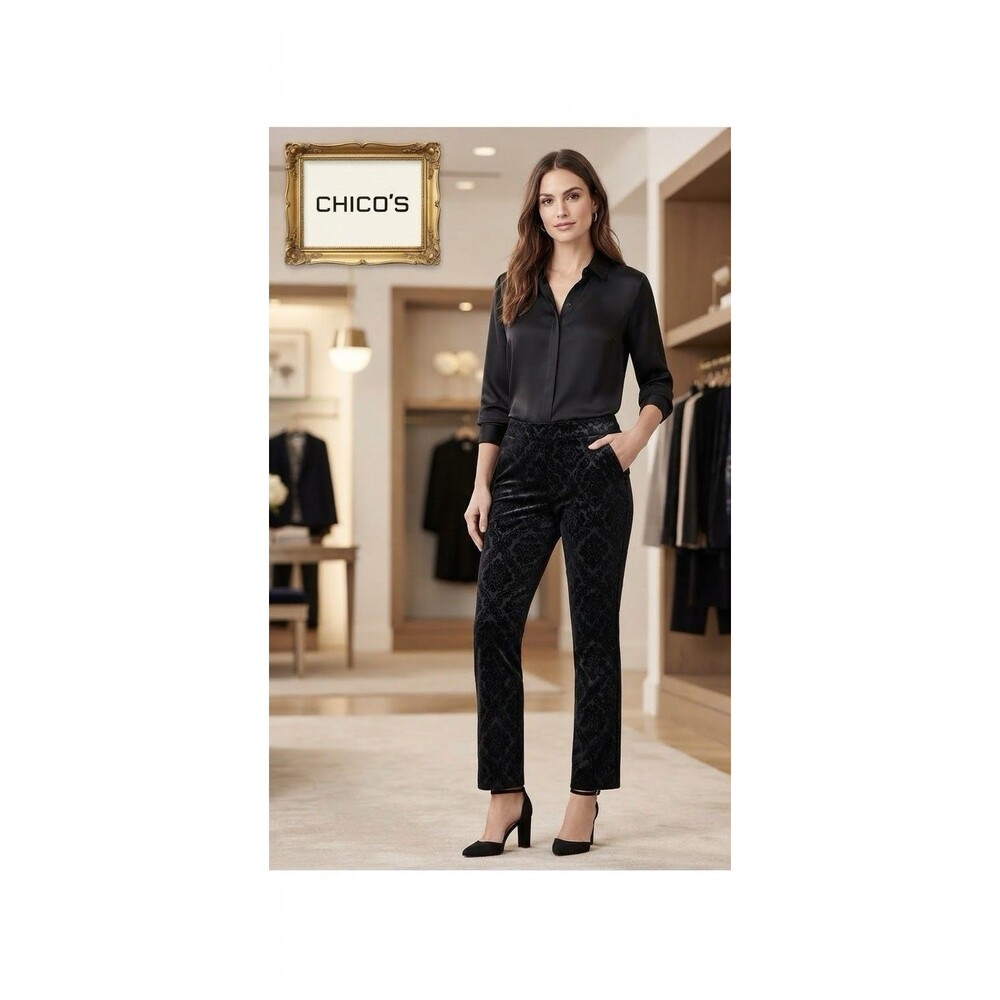 Chico's  So Slimming Juliet Black Flocked Velvet Straight Leg Pant sz 4R/0R NWT